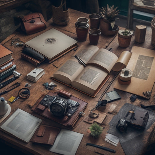 A person surrounded by scattered papers, laptops, and tools, with a single, neat, leather-bound book in the center, open to a page with detailed diagrams and illustrations.