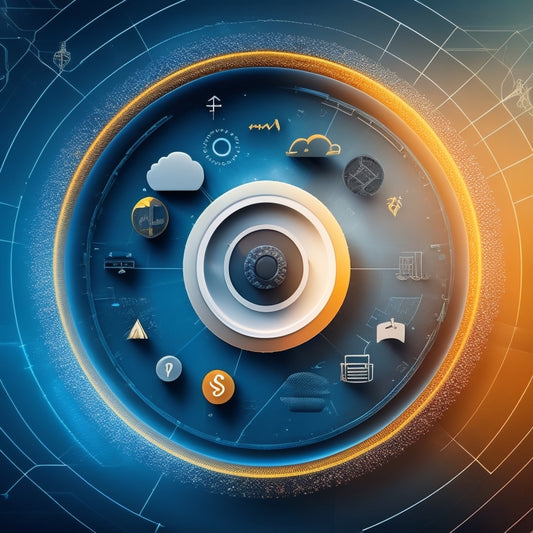 A futuristic, minimalist illustration featuring a stylized ecommerce icon at the center, surrounded by various download icons (e.g. clouds, arrows) in a circular pattern, with subtle digital circuitry lines in the background.