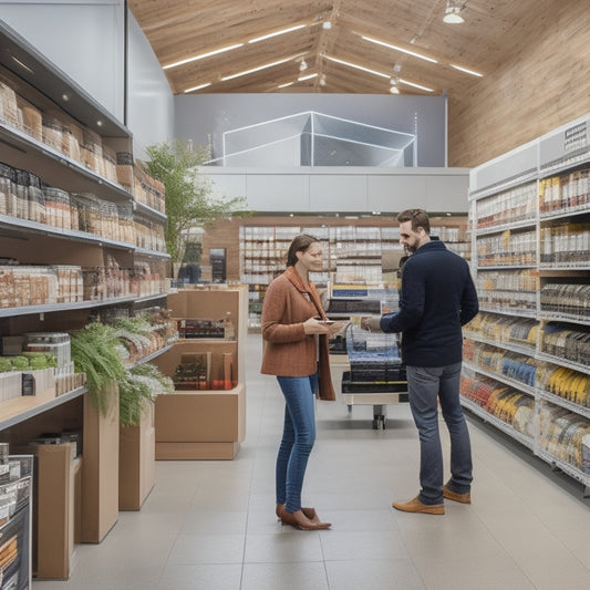 A modern hardware store interior with sleek wooden shelves, revamped with Pattern's technology: a large touchscreen kiosk, a customer holding a tablet, and a robot assisting a shopper in the background.