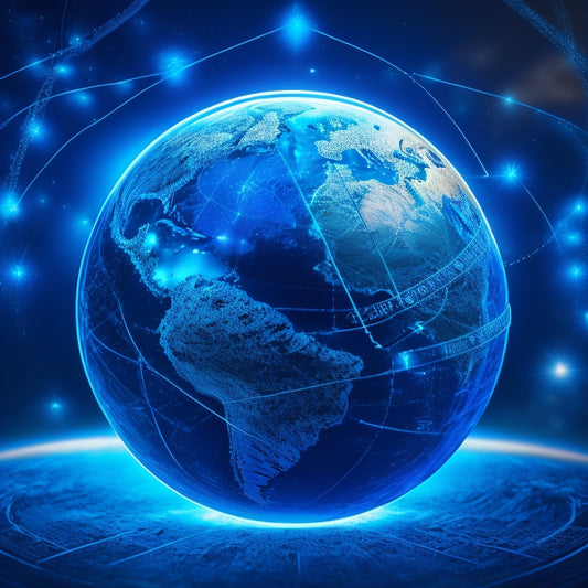 An illustration of a globe with glowing blue circuits and lines connecting various payment icons, such as credit cards, mobile wallets, and cryptocurrency symbols, set against a dark blue background with subtle sparkles.