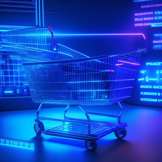 A futuristic, high-tech shopping cart with glowing blue circuits and wires, surrounded by swirling digital product icons, set against a dark, gradient background with subtle circuit board patterns.