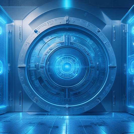 A futuristic digital vault with glowing blue circuits and intricate locks, surrounded by a halo of light, with a subtle grid pattern in the background, conveying security and protection.