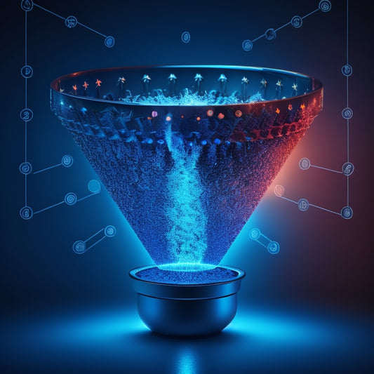 An illustration of a sales funnel with glowing blue arrows flowing through it, surrounded by gears, sparks, and rising graphs, set against a dark blue background with subtle ecommerce icons.