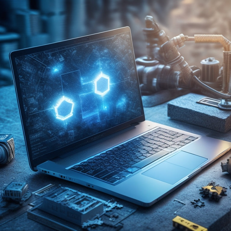 A futuristic, sleek laptop sits atop a mountain of puzzle pieces, with a glowing lightbulb above, surrounded by rising graphs, gears, and clockwork mechanisms in a blurred, metallic background.