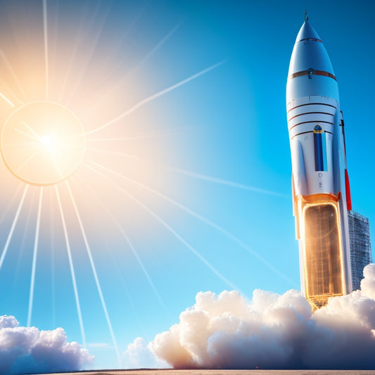A rocket ship blasting off into a bright blue sky, leaving a trail of dollar signs and rising sales graphs, with a clock in the background showing a 7-day countdown.