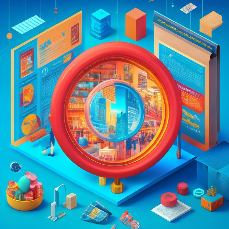 A stylized illustration of a storefront with a magnifying glass hovering above, surrounded by orbiting SEO-related icons (cogs, charts, and arrows) amidst a subtle ecommerce-themed background with subtle shopping bags and products.