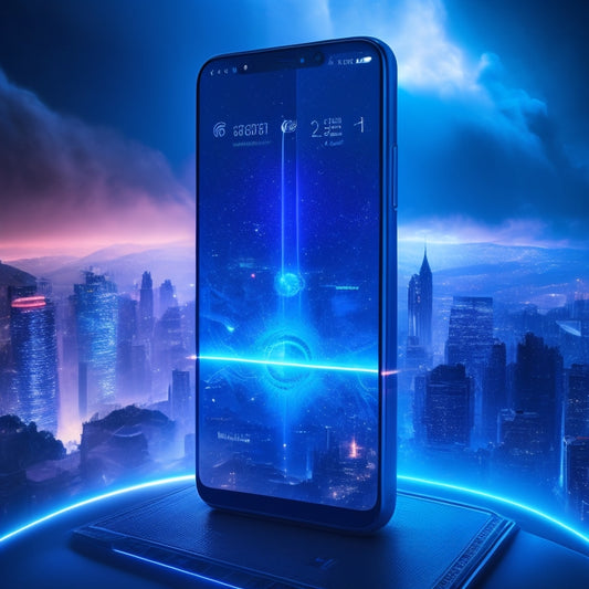 A futuristic smartphone with a glowing blue aura, surrounded by swirling clouds of code, gears, and sparks, set against a dark gradient background with neon-lit cityscape silhouettes.