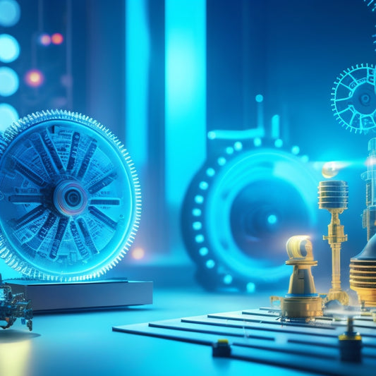 A futuristic, minimalist background with interconnected gears and cogs, surrounded by glowing screens displaying educational diagrams, amidst floating 3D models of robots, brains, and lightbulbs.