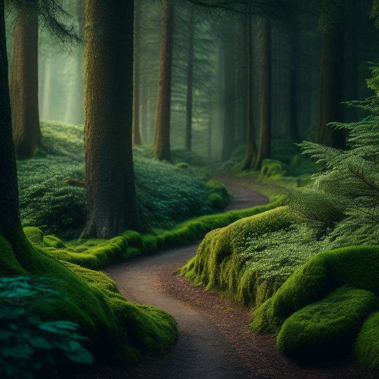 A serene, moss-covered forest with a winding path leading to a distant tree, its branches forming a roadmap, surrounded by evergreen trees and a subtle, glowing light.