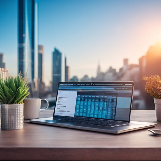 An illustration of a laptop screen displaying a dashboard with various ecommerce metrics, surrounded by scattered notes, coffee cups, and a miniature shopping cart, set against a blurred cityscape background.