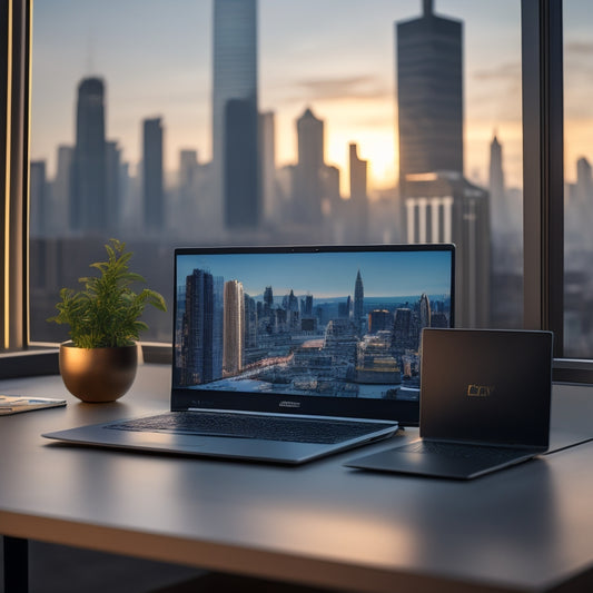 A sleek, modern laptop on a minimalist desk, surrounded by scattered product packaging, with a stylized digital product display on the screen, and a subtle cityscape background.
