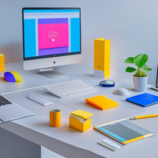A futuristic, minimalist desktop with a laptop, tablet, and smartphone, each displaying a different online course platform, surrounded by scattered product prototypes, design sketches, and colorful sticky notes.