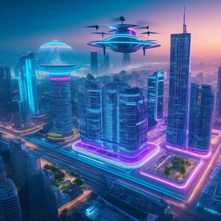 A futuristic cityscape with sleek skyscrapers and neon lights, transformed into a giant online shopping mall with 3D product displays, hovering drones, and virtual assistants guiding customers.