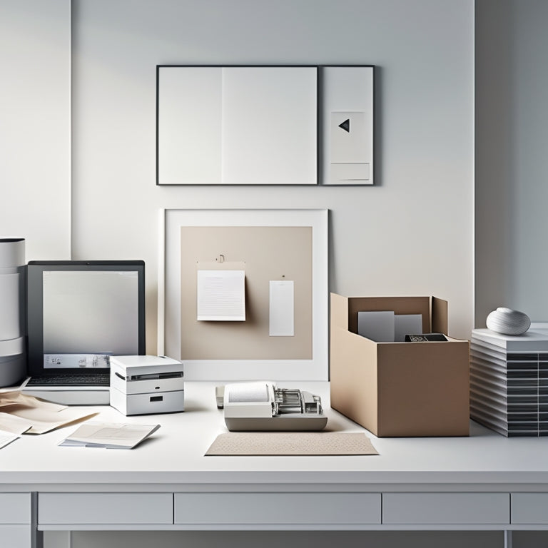 A minimalist illustration featuring a desk with a dedicated printer, surrounded by neatly organized papers and a few parcels, set against a calm, light-gray background with subtle grid patterns.