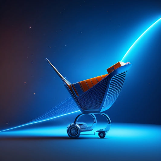 A futuristic, minimalist illustration of a shopping cart transforming into a rocket ship, soaring upwards amidst a swirl of digital circuits and rising profit graphs, set against a dark blue background.