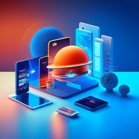 A futuristic, minimalist illustration of a merchant's digital storefront with a sleek, glowing download icon at its center, surrounded by orbiting laptops, tablets, and smartphones.