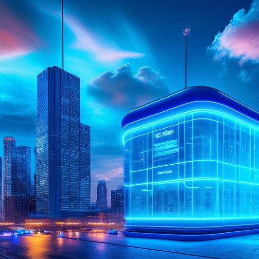 A futuristic, sleek online storefront with glowing blue circuits, surrounded by swirling clouds of data and shopping bags, amidst a cityscape at dusk, with neon lights reflecting off sleek, modern skyscrapers.