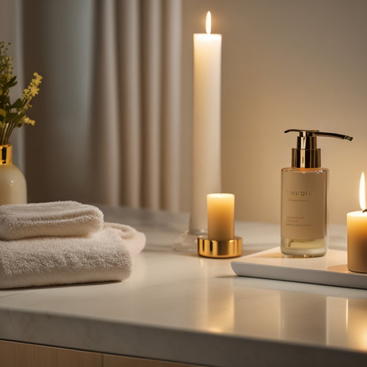 A serene, minimalist bathroom setup with a vanity adorned with elegant skincare devices, a few carefully placed skincare products, and a soft, glowing candle in the background.