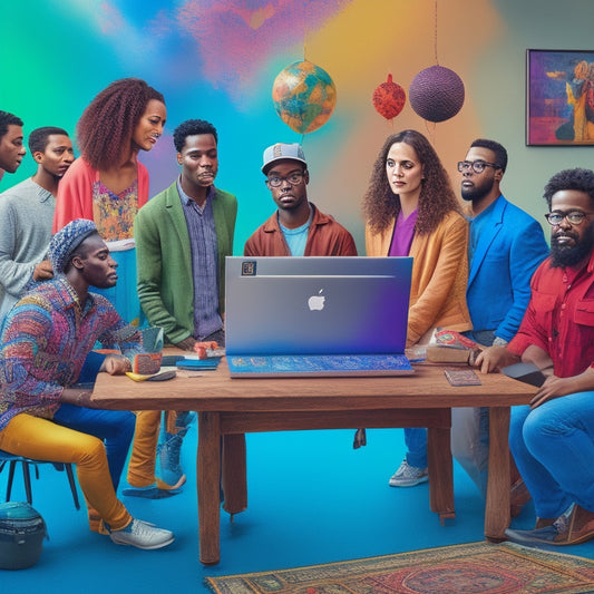 A vibrant, modern illustration featuring a diverse group of artists gathered around a large, glowing laptop, surrounded by paintings, sculptures, and other art pieces, with money and growth symbols floating upwards.