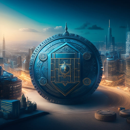 An illustration of a merchant's digital storefront with a shield protecting it, surrounded by orbiting puzzle pieces, locks, and gears, with a subtle cityscape in the background, conveying security and protection.