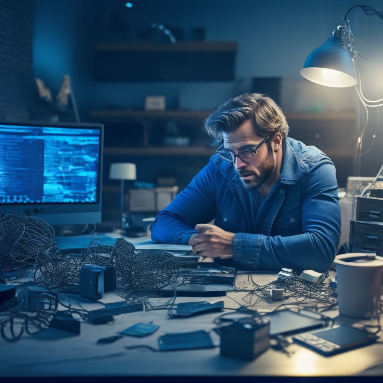 A frustrated online merchant sitting at a cluttered desk, surrounded by broken gadgets and tangled cables, with a shattered laptop screen displaying a frozen technical support chat window in the background.