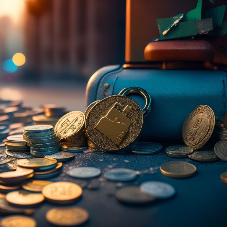 A broken padlock surrounded by shattered coins and torn credit cards, with a subtle cityscape background, conveying a sense of financial security breach.