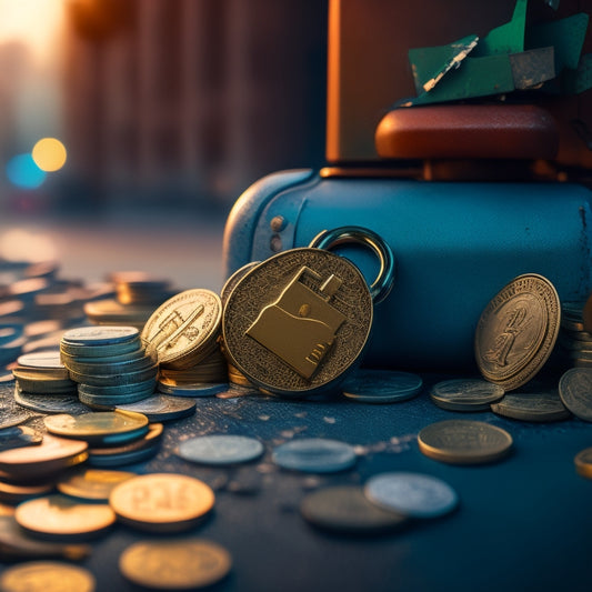A broken padlock surrounded by shattered coins and torn credit cards, with a subtle cityscape background, conveying a sense of financial security breach.