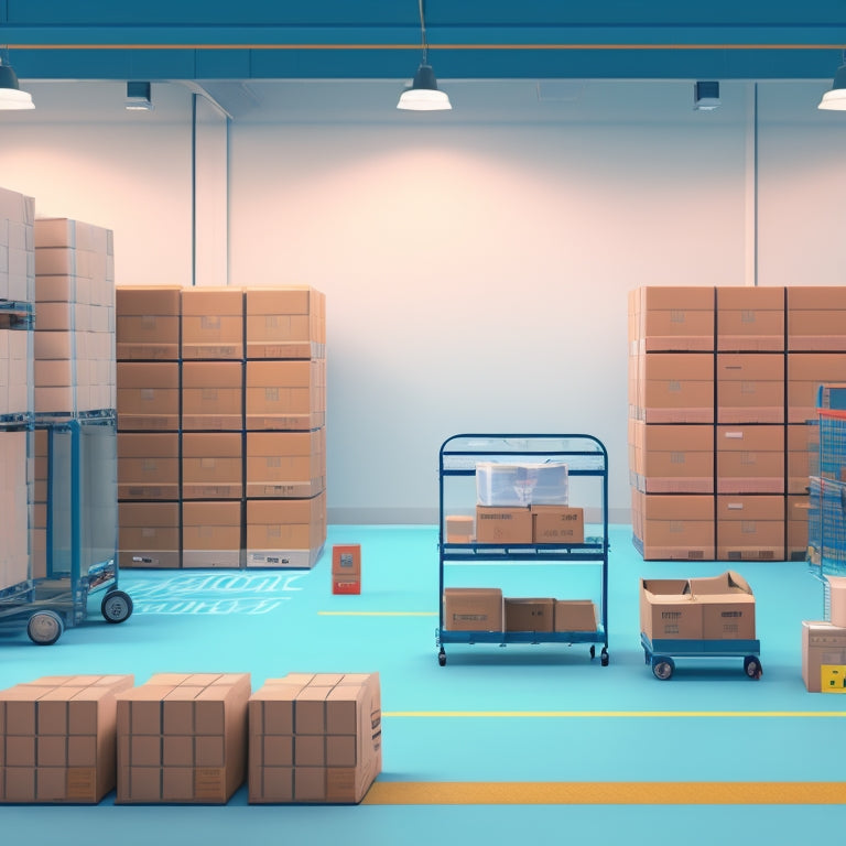 A minimalist illustration featuring a stylized warehouse backdrop with rolling shelves, assorted boxes, and a few computers in the foreground, showcasing a well-organized shipping label station with colorful labels and scanners.
