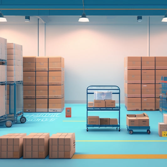 A minimalist illustration featuring a stylized warehouse backdrop with rolling shelves, assorted boxes, and a few computers in the foreground, showcasing a well-organized shipping label station with colorful labels and scanners.
