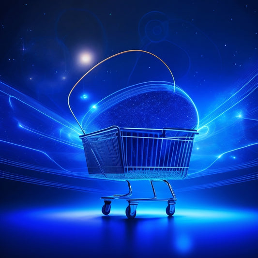 A futuristic, minimalist illustration featuring a stylized shopping cart bursting with glowing, swirling lines and shapes, surrounded by orbiting circles and interconnected nodes, set against a dark blue gradient background.