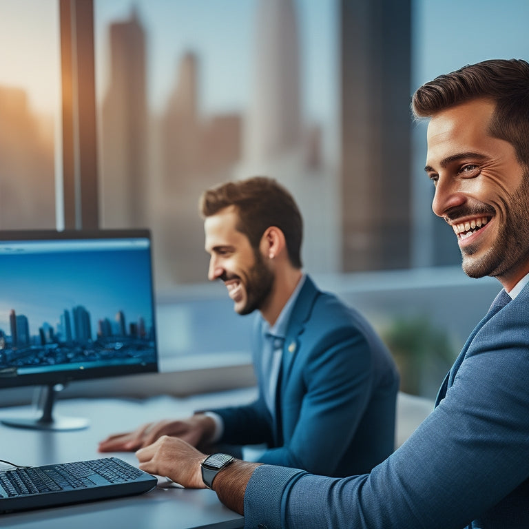 A smiling customer service representative, surrounded by laptops and headsets, sits in a modern, minimalist office with a cityscape background, gesturing towards a satisfied customer on a laptop screen.