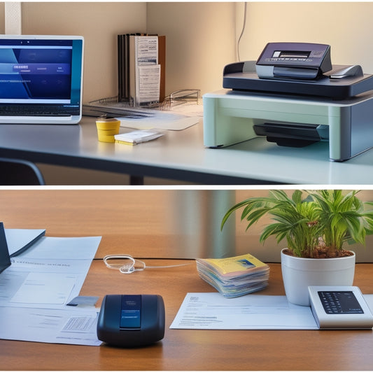 A split-screen image: on the left, a cluttered desk with multiple credit card machines, tangled wires, and crumpled receipts; on the right, a sleek, minimalist workspace with a single, modern payment terminal and a few neatly organized papers.