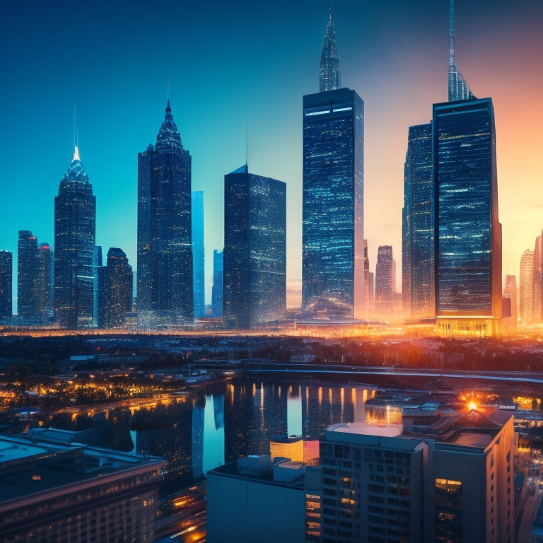 A stylized illustration of a cityscape at dusk, with skyscrapers transforming into giant tablets and smartphones, connecting to form a network of ecommerce influencers.