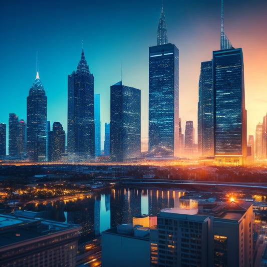 A stylized illustration of a cityscape at dusk, with skyscrapers transforming into giant tablets and smartphones, connecting to form a network of ecommerce influencers.