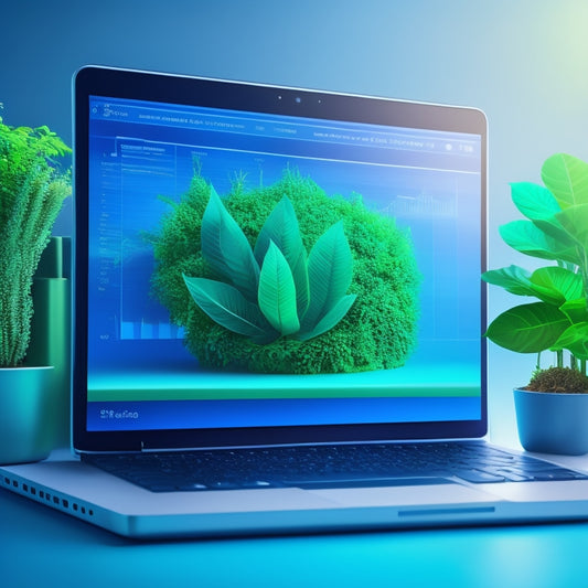 An illustration of a laptop with a growing plant emerging from the screen, surrounded by upward-trending graphs, gears, and cogs, set against a gradient background of blue and green hues.
