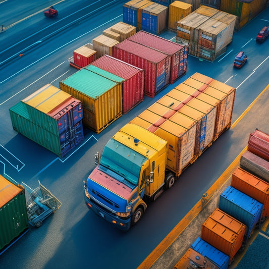 An illustration of interconnected gears, shipping containers, and trucks, with arrows and lines flowing between them, conveying a sense of streamlined movement and organized logistics.