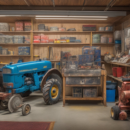 A clutter-free workshop background with a centered, partially disassembled tractor, surrounded by organized toolboxes, scattered manuals, and colorful wires, with a few highlighted Jensales Manual Kits on a nearby shelf.