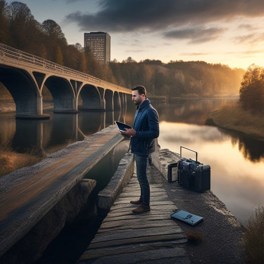 An illustration of a person standing in the middle of a bridge, with a laptop and smartphone in hand, connecting two contrasting landscapes: a bustling cityscape on one side and a rural village on the other.