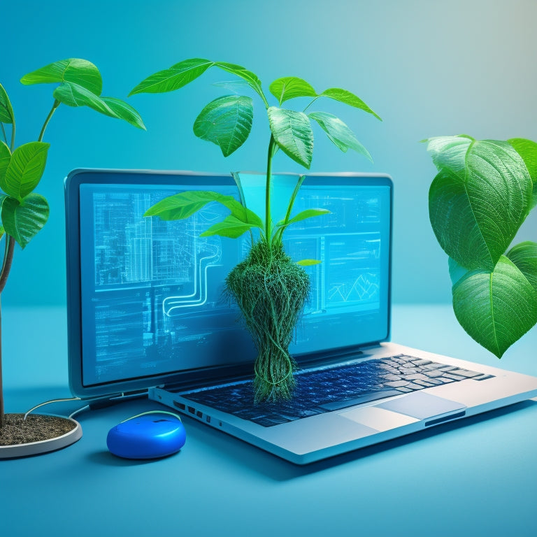 An abstract illustration of a growing plant with roots shaped like a laptop and leaves formed by download icons, set against a bright blue background with subtle circuit board patterns.