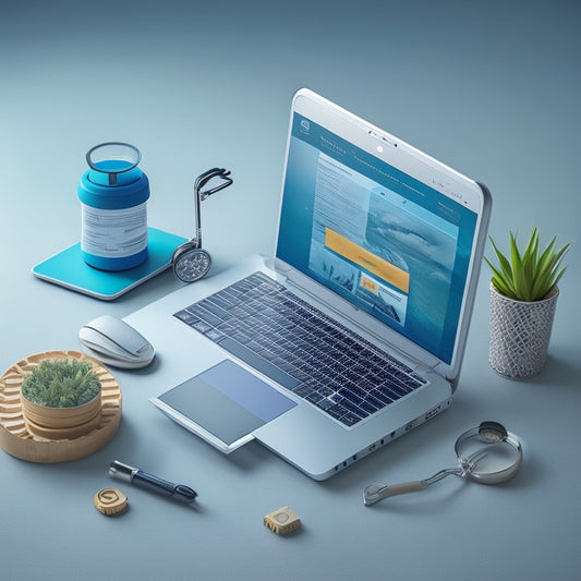 A stylized illustration of a laptop displaying a sleek, modern e-commerce website on its screen, surrounded by various shopping and digital marketing elements, such as a miniature shopping cart, a smartphone, and a magnifying glass.