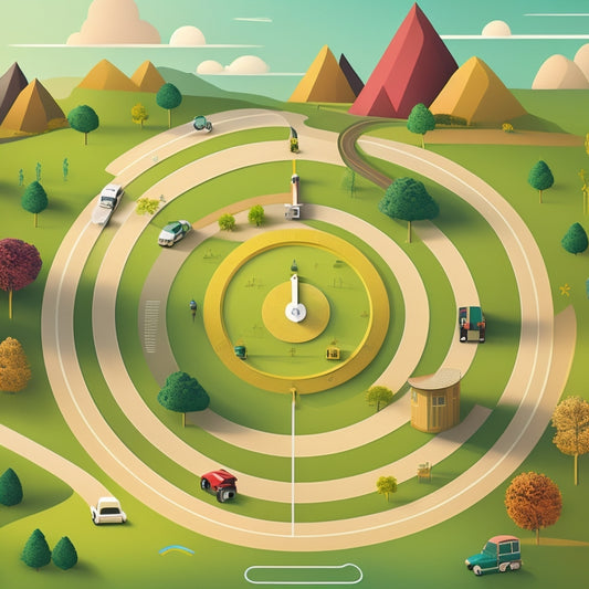 A stylized, minimalist illustration of a winding road or pathway, with various icons and symbols along the way, such as speech bubbles, clocks, and pie charts, in a bright, calming color scheme.