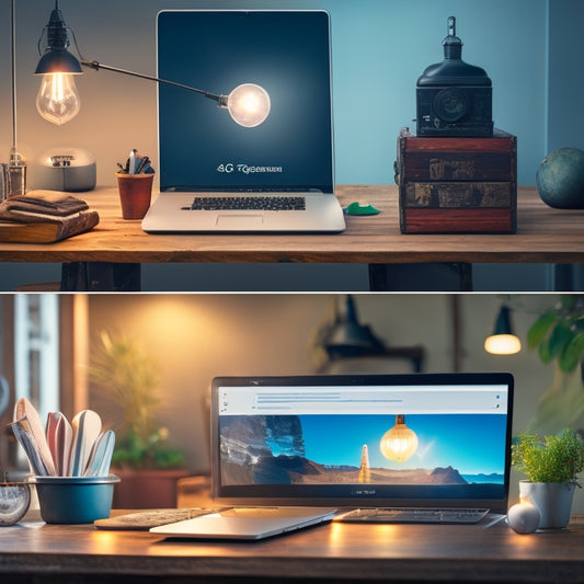 A split-screen image featuring a laptop with a ecommerce website open, surrounded by online course creation tools, and a chalkboard with a lightbulb moment, surrounded by e-learning icons.