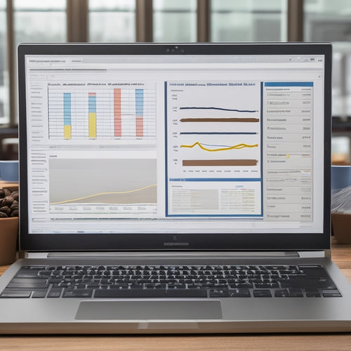 An image featuring a laptop screen displaying a split-screen comparison of a cost-benefit analysis chart and a digital tool dashboard, surrounded by scattered graphs, calculators, and coffee cups.