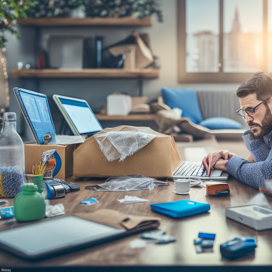 A frustrated online shopper surrounded by torn packaging, scattered products, and shattered tablets, with a broken laptop and a clock ticking in the background, contrasted with a serene digital dashboard.