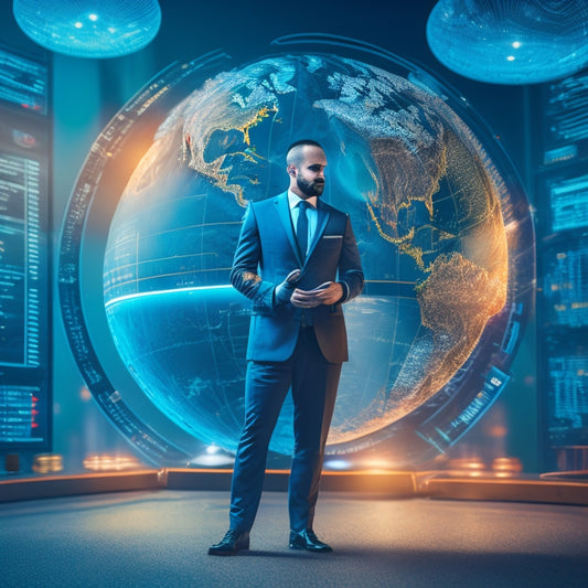 An illustration of a merchant standing in front of a large, transparent globe with digital product icons and arrows flowing in and out, surrounded by coins, graphs, and analytics symbols.