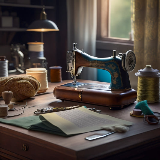 A serene, well-lit worktable with a vintage sewing machine, surrounded by neatly stacked threads, buttons, and fabric swatches, amidst a blurred background of sewing manuals and patterns.