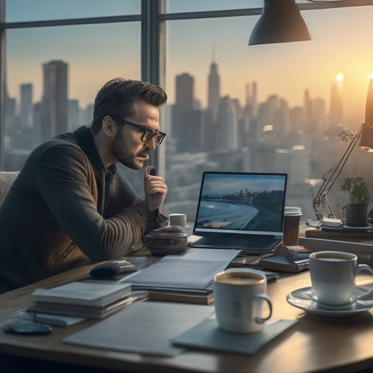 A bespectacled scriptwriter sits at a cluttered desk, surrounded by coffee cups and script pages, with a laptop open to an ecommerce website, while a cityscape at sunset looms through the window behind.