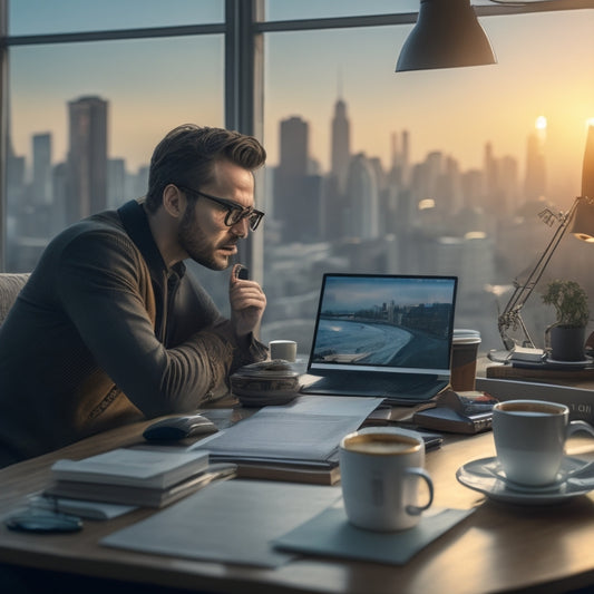 A bespectacled scriptwriter sits at a cluttered desk, surrounded by coffee cups and script pages, with a laptop open to an ecommerce website, while a cityscape at sunset looms through the window behind.