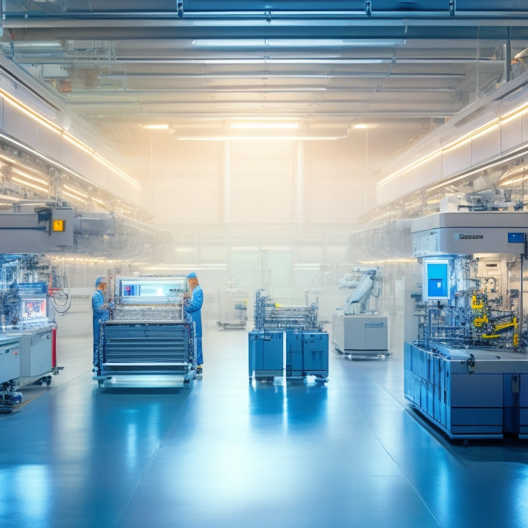 A modern, sleek factory interior with rows of automated machinery, metallic cabinets in various stages of production, and technicians in white coats working alongside robots, amidst a backdrop of bright, polished steel and LED lights.