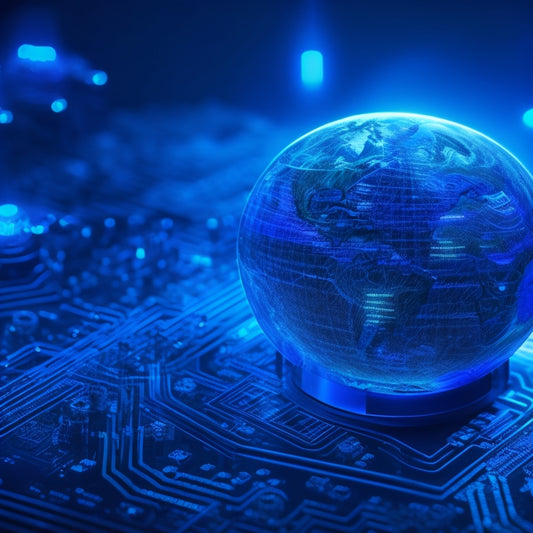 A futuristic, dark-blue circuit board with glowing neon lines, intertwined with a silver padlock and a miniature globe, surrounded by tiny, swirling digital codes and cryptic symbols.